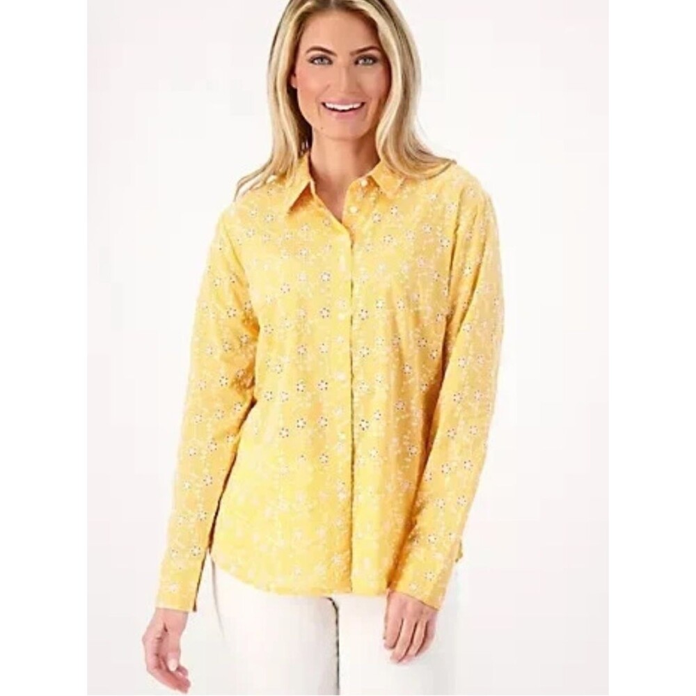 Candace Cameron Bure Regular Button Front Eyelet Cotton Shirt Cantaloupe Sz LP